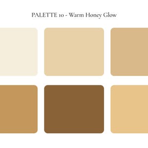 K&ouml;nnte beinhalten: Eine Farbpalette mit dem Titel "PALETTE 10 - Warm Honey Glow" mit sechs rechteckigen Bl&ouml;cken. Die Bl&ouml;cke zeigen Farbt&ouml;ne von Creme, Beige und Braun, die von hell bis dunkel reichen. Die Palette ist f&uuml;r die visuelle Referenz konzipiert.