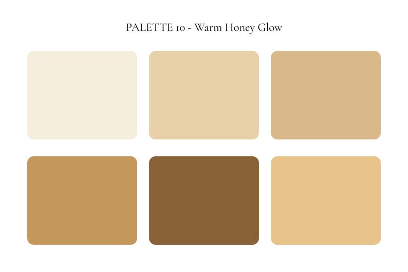 K&ouml;nnte beinhalten: Eine Farbpalette mit dem Titel "PALETTE 10 - Warm Honey Glow" mit sechs rechteckigen Bl&ouml;cken. Die Bl&ouml;cke zeigen Farbt&ouml;ne von Creme, Beige und Braun, die von hell bis dunkel reichen. Die Palette ist f&uuml;r die visuelle Referenz konzipiert.