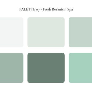 K&ouml;nnte beinhalten: Eine Farbpalette mit dem Titel "PALETTE 07 - Fresh Botanical Spa" mit sechs rechteckigen Farbfeldern. Die Farben umfassen Wei&szlig;, Hellgr&uuml;n und Gr&uuml;nt&ouml;ne. Die Palette ist f&uuml;r ein Spa-Thema konzipiert.