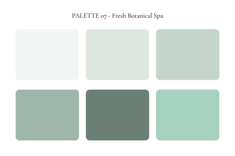 K&ouml;nnte beinhalten: Eine Farbpalette mit dem Titel "PALETTE 07 - Fresh Botanical Spa" mit sechs rechteckigen Farbfeldern. Die Farben umfassen Wei&szlig;, Hellgr&uuml;n und Gr&uuml;nt&ouml;ne. Die Palette ist f&uuml;r ein Spa-Thema konzipiert.