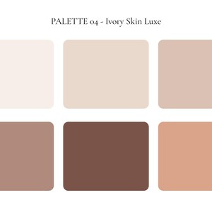 K&ouml;nnte beinhalten: Eine Farbpalette mit der Bezeichnung "PALETTE 04 - Ivory Skin Luxe" mit sechs rechteckigen Farbfeldern. Die Farbfelder zeigen Farbt&ouml;ne von Elfenbein, Beige und Braun, die von hell bis dunkel reichen. Die Palette ist f&uuml;r Hautt&ouml;ne konzipiert.