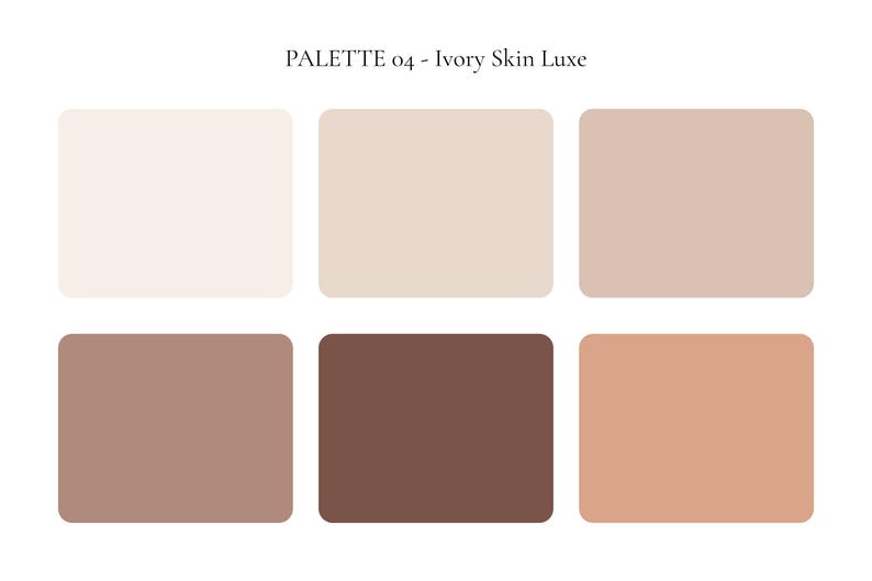 K&ouml;nnte beinhalten: Eine Farbpalette mit der Bezeichnung "PALETTE 04 - Ivory Skin Luxe" mit sechs rechteckigen Farbfeldern. Die Farbfelder zeigen Farbt&ouml;ne von Elfenbein, Beige und Braun, die von hell bis dunkel reichen. Die Palette ist f&uuml;r Hautt&ouml;ne konzipiert.