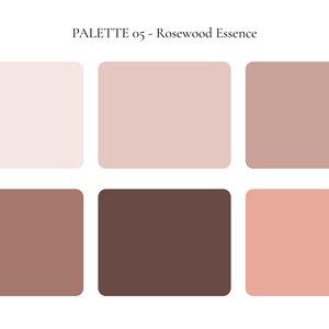 K&ouml;nnte beinhalten: Eine Farbpalette mit dem Titel "PALETTE 05 - Rosewood Essence" mit sechs rechteckigen Farbfeldern. Die Farben reichen von hellrosa bis tiefbraun, mit Ros&eacute;- und Mauve-T&ouml;nen. Die Palette dient als visuelle Referenz.