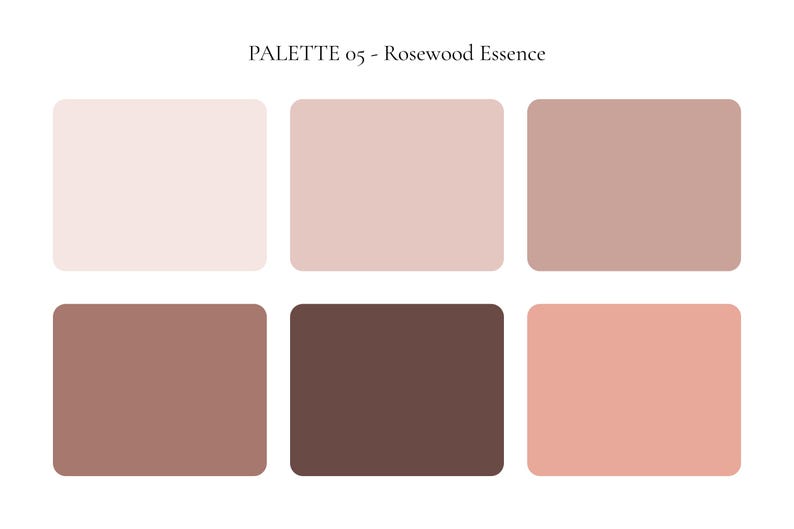 K&ouml;nnte beinhalten: Eine Farbpalette mit dem Titel "PALETTE 05 - Rosewood Essence" mit sechs rechteckigen Farbfeldern. Die Farben reichen von hellrosa bis tiefbraun, mit Ros&eacute;- und Mauve-T&ouml;nen. Die Palette dient als visuelle Referenz.