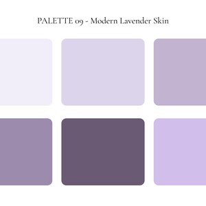 K&ouml;nnte beinhalten: Eine Farbpalette mit der Bezeichnung "PALETTE 09 - Modern Lavender Skin" mit sechs rechteckigen Farbfeldern. Die Farbfelder zeigen verschiedene Lavendelt&ouml;ne, von hell bis dunkel, mit abgerundeten Ecken.