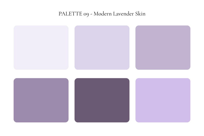 K&ouml;nnte beinhalten: Eine Farbpalette mit der Bezeichnung "PALETTE 09 - Modern Lavender Skin" mit sechs rechteckigen Farbfeldern. Die Farbfelder zeigen verschiedene Lavendelt&ouml;ne, von hell bis dunkel, mit abgerundeten Ecken.