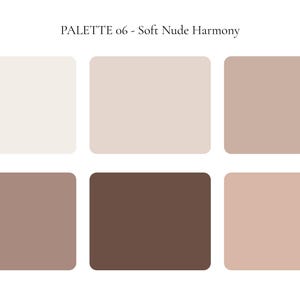 K&ouml;nnte beinhalten: Eine Farbpalette mit dem Titel "PALETTE 06 - Soft Nude Harmony" mit sechs rechteckigen Farbfeldern. Die Farbfelder zeigen Farbt&ouml;ne von Beige, Hellbraun und Braun, die von hell bis dunkel reichen. Die Palette ist f&uuml;r Design- und Kunstprojekte konzipiert.