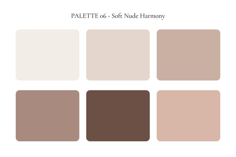 K&ouml;nnte beinhalten: Eine Farbpalette mit dem Titel "PALETTE 06 - Soft Nude Harmony" mit sechs rechteckigen Farbfeldern. Die Farbfelder zeigen Farbt&ouml;ne von Beige, Hellbraun und Braun, die von hell bis dunkel reichen. Die Palette ist f&uuml;r Design- und Kunstprojekte konzipiert.