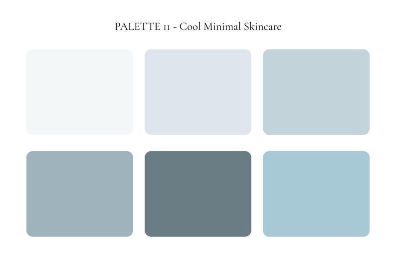 K&ouml;nnte beinhalten: Eine Farbpalette mit dem Titel "PALETTE 11 - Cool Minimal Skincare" mit sechs rechteckigen Bl&ouml;cken in Wei&szlig;-, Hellblau- und Graut&ouml;nen. Die Bl&ouml;cke sind in zwei Reihen zu je drei angeordnet.