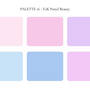 K&ouml;nnte beinhalten: Eine Farbpalette mit dem Titel "PALETTE 16 - Y2K Pastel Beauty" mit sechs pastellfarbenen Bl&ouml;cken. Die Farben umfassen Rosa-, Lavendel- und Blaut&ouml;ne, angeordnet in zwei Reihen mit je drei Bl&ouml;cken. Die Bl&ouml;cke haben abgerundete Ecken.