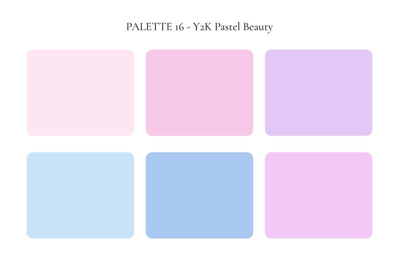 K&ouml;nnte beinhalten: Eine Farbpalette mit dem Titel "PALETTE 16 - Y2K Pastel Beauty" mit sechs pastellfarbenen Bl&ouml;cken. Die Farben umfassen Rosa-, Lavendel- und Blaut&ouml;ne, angeordnet in zwei Reihen mit je drei Bl&ouml;cken. Die Bl&ouml;cke haben abgerundete Ecken.
