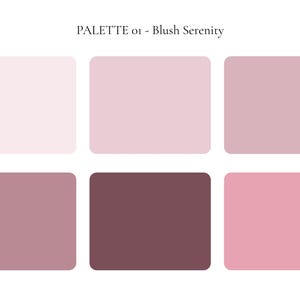 K&ouml;nnte beinhalten: Eine Farbpalette mit dem Titel "Blush Serenity" mit sechs rechteckigen Bl&ouml;cken in Rosa- und Mauve-T&ouml;nen. Die Farben reichen von hellem Rosa bis zu tiefem Mauve und bieten eine Vielzahl von Optionen f&uuml;r Design- oder Kunstprojekte.