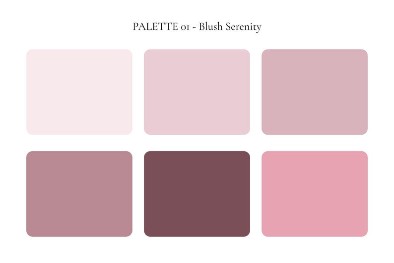 K&ouml;nnte beinhalten: Eine Farbpalette mit dem Titel "Blush Serenity" mit sechs rechteckigen Bl&ouml;cken in Rosa- und Mauve-T&ouml;nen. Die Farben reichen von hellem Rosa bis zu tiefem Mauve und bieten eine Vielzahl von Optionen f&uuml;r Design- oder Kunstprojekte.