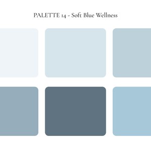 K&ouml;nnte beinhalten: Eine Farbpalette mit dem Titel "PALETTE 14 - Soft Blue Wellness" mit sechs quadratischen Farbfeldern. Die Farben reichen von hellen bis dunklen Blaut&ouml;nen, einschlie&szlig;lich Wei&szlig;, Hellblau und einem tiefen Schieferblau.