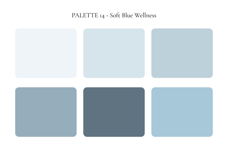 K&ouml;nnte beinhalten: Eine Farbpalette mit dem Titel "PALETTE 14 - Soft Blue Wellness" mit sechs quadratischen Farbfeldern. Die Farben reichen von hellen bis dunklen Blaut&ouml;nen, einschlie&szlig;lich Wei&szlig;, Hellblau und einem tiefen Schieferblau.
