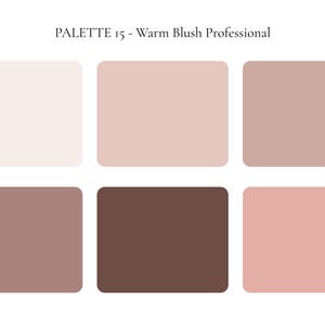 K&ouml;nnte beinhalten: Eine Farbpalette mit der Bezeichnung "PALETTE 15 - Warm Blush Professional" mit sechs rechteckigen Bl&ouml;cken. Die Bl&ouml;cke zeigen Farbt&ouml;ne von Beige, Rouge-Rosa und Braun. Das Farbschema ist f&uuml;r den professionellen Gebrauch konzipiert.