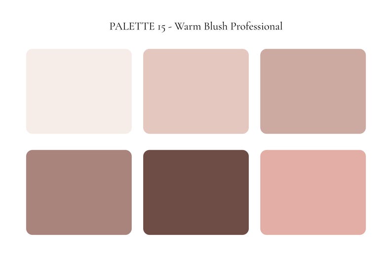 K&ouml;nnte beinhalten: Eine Farbpalette mit der Bezeichnung "PALETTE 15 - Warm Blush Professional" mit sechs rechteckigen Bl&ouml;cken. Die Bl&ouml;cke zeigen Farbt&ouml;ne von Beige, Rouge-Rosa und Braun. Das Farbschema ist f&uuml;r den professionellen Gebrauch konzipiert.