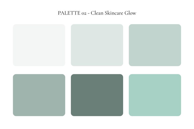 K&ouml;nnte beinhalten: Eine Farbpalette mit dem Titel "PALETTE 02 - Clean Skincare Glow" mit sechs quadratischen Farbfeldern. Die Farben reichen von Wei&szlig; bis zu verschiedenen Gr&uuml;n- und T&uuml;rkist&ouml;nen und bieten eine saubere und frische &Auml;sthetik.