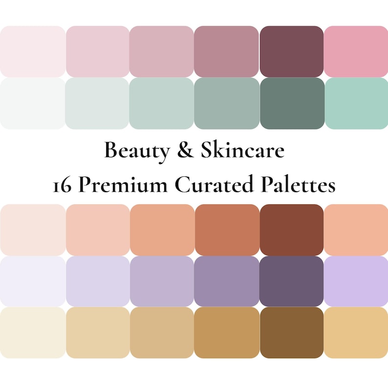 K&ouml;nnte beinhalten: Ein Bild von Sch&ouml;nheits- und Hautpflegeprodukten mit 16 Premium-Paletten. Die Paletten sind in einem Raster angeordnet und zeigen eine Vielzahl von Farben, darunter Rosa-, Gr&uuml;n- und Braunt&ouml;ne. Der Text "Beauty & Skincare" und "16 Premium Curated Palettes" ist zu sehen.