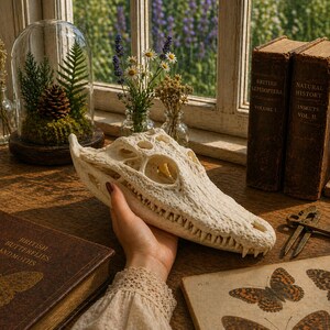 Könnte beinhalten: Ein cremefarbener Alligatorkopf mit sichtbaren Zähnen und Augenhöhlen. Der Schädel wird in der Nähe von antiken Büchern und einem gläsernen Terrarium mit einem Tannenzapfen und Farnen gehalten. Die Szene spielt sich auf einer Holzoberfläche in der Nähe eines Fensters ab.