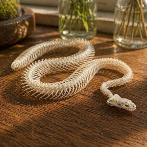 May include: A detailed view of a snake skeleton, showcasing its intricate bone structure. The off-white bones are arranged in a curved, serpentine form, with the skull at the end. The skeleton rests on a wooden surface.