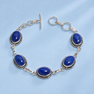 Pulsera de lapislázuli azul, pulsera de plata de ley con piedras preciosas, joyería de lapislázuli natural, pulsera llamativa estilo boho, regalo para ella.