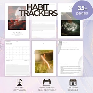 Può includere: Un tracker di abitudini digitale con un design viola chiaro e bianco. Le pagine includono sezioni per le routine mattutine, la definizione degli obiettivi e la tenuta di un diario. La copertina recita "Habit Trackers". Include "Download istantaneo".