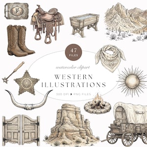 Könnte beinhalten: Eine Sammlung von Aquarellillustrationen mit Western-Motiven, darunter eine Gürtelschnalle, ein Sattel, ein Wassertrog, eine Wüstenlandschaft, Cowboystiefel, ein Bandana, ein Sheriffstern, eine Sonne, ein Longhorn-Schädel, Saloontüren, eine Felsformation, ein Lagerfeuer und ein Planwagen.