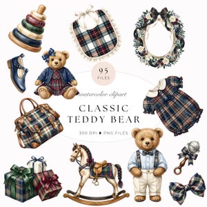 May include: A collection of watercolor clipart featuring a teddy bear in a plaid dress, a teddy bear in a shirt and suspenders, a rocking horse, a plaid baby bib, a plaid baby romper, a plaid handbag, a stacking toy, gifts, and a rattle.