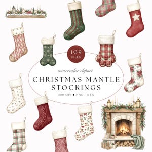 Könnte beinhalten: Eine Sammlung von Aquarell-Cliparts mit verschiedenen Weihnachtsstrümpfen in Karomustern, Zopfstrick und Blumenmotiven sowie einer Kaminillustration mit dem Text 109 FILES CHRISTMAS MANTLE STOCKINGS 300 DPI PNG FILES.