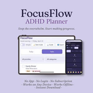 ADHD Digital Planner | Interaktiv Planner IOS & Android | Uppgiftshantering, Pomodoro Timer, Vanespårare
