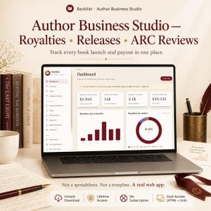 May include: A laptop displaying the Author Business Studio dashboard, featuring data on royalties, units, and newsletter subscribers. The screen shows charts and text including 'Author Business Studio - Royalties - Releases - ARC Reviews'.