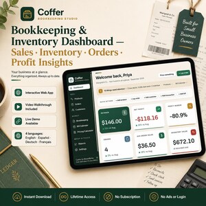 Puede incluir: Un panel digital de contabilidad e inventario mostrado en la pantalla de una tableta, con secciones para ventas, pedidos y análisis de beneficios. La interfaz incluye métricas de ingresos, beneficio neto y valor de inventario, junto a acciones rápidas.