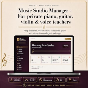 May include: A laptop screen displaying the Legato Music Studio Manager web application dashboard. The interface features a dark purple and cream color scheme with sections for students, schedules, lesson notes, and tuition tracking for music teachers.