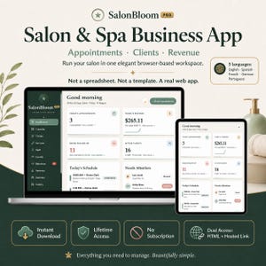 May include: A laptop and tablet displaying the SalonBloom Pro business app interface, featuring a dashboard with appointments, revenue, and client data. The screen shows text including SalonBloom Pro, Salon & Spa Business App, and various metrics. The design uses a dark green and cream color palette with a clean, professional layout for salon management.