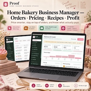 Könnte beinhalten: Eine digitale Software zur Verwaltung von Backstuben zu Hause, die auf einem Laptop- und Tablet-Bildschirm angezeigt wird. Die Benutzeroberfläche zeigt Dashboards für Bestellungen, Preise, Rezepte und Gewinne. Der Text umfasst Proof Home Bakery Business Studio, Plan Price Bake Grow und verschiedene Geschäftskennzahlen. Die Software unterstützt Englisch, Spanisch, Deutsch und Französisch.