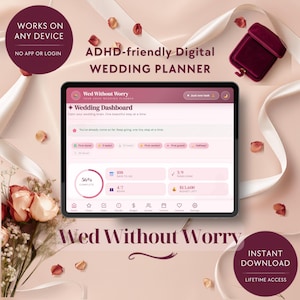 Planificador de bodas para personas con TDAH / Panel de control digital interactivo para bodas / Organizador para novias neurodivergentes / Seguimiento del presupuesto y lista de invitados para la planificación de bodas