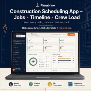 May include: A laptop displaying the Plumbline construction scheduling app dashboard. The screen shows job metrics, open tasks, and crew load data. Text includes: Construction Scheduling App – Jobs • Timeline • Crew Load. Keep every build, trade and task on track.