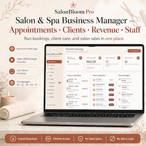 Può includere: Un computer portatile che mostra l'interfaccia del software SalonBloom Pro per la gestione di saloni e spa. Lo schermo visualizza una dashboard con appuntamenti, ricavi, elenchi clienti e orari del personale. Il testo include SalonBloom Pro, Salon & Spa Business Manager e varie metriche. Il design presenta un layout chiaro con testo e icone marrone scuro.