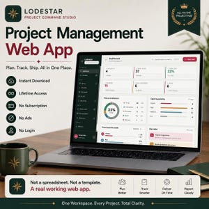May include: A laptop displaying the Lodestar Project Command Studio web app dashboard with project metrics, task lists, and status charts. The screen shows a dark sidebar and a light interface with text including Plan, Track, Ship, and All in One Place.