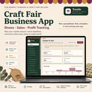 May include: A laptop displaying the Trestle Market & Craft Fair Studio web app interface, featuring sales and profit tracking dashboards. The screen shows data for Juniper & Jute, including earnings, booked shows, and a seasonal profit bar chart.