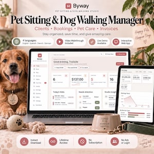Puede incluir: Software digital de gestión para cuidado de mascotas y paseo de perros en una pantalla de portátil y tableta. La interfaz muestra paneles de control para reservas, ganancias y cuidado de mascotas. Se ve un golden retriever.