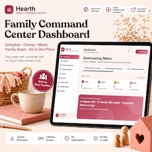 Könnte beinhalten: Ein digitales Tablet mit dem Hearth Family Command Center Dashboard angezeigtes Tablet, das einen Zeitplan, Aufgaben und einen Essensplaner enthält. Der Bildschirm zeigt eine personalisierte Familienschnittstelle mit Aufgabenlisten und Zielverfolgung.