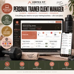 Puede incluir: Un panel de control digital para la gestión de clientes de entrenamiento personal en una laptop y un smartphone. La interfaz muestra ganancias, horarios y progreso. Se observa una mancuerna de 10kg y una toalla con texto impreso.