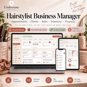 May include: A digital hairstylist business manager software displayed on a laptop, tablet, and smartphone. The interface features dashboards for appointments, clients, sales, inventory, and finances with text labels like Good morning and Business Snapshot.
