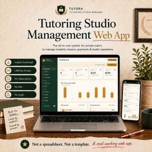 May include: A Tutora tutoring studio management web app displayed on a laptop and smartphone screen. The interface shows a dashboard with student data, lesson schedules, and financial charts. Text includes 'Tutoring Studio Management Web App' and 'Built for tutors. Loved by students. Trusted by parents.'