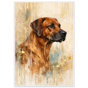 May include: A portrait of a Ridgeback dog in shades of brown, gold, and tan. The dog is facing right, with a detailed depiction of its fur and features. The background has a watercolor effect with gold accents.
