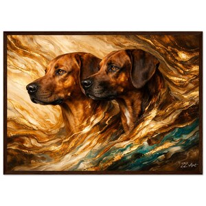 May include: A framed artwork featuring two brown dogs with dark brown ears and noses, set against a swirling background of gold, brown, and teal tones. The artwork is signed "ZZ Art" in the lower right corner.