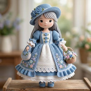 Op de afbeelding: Handgemaakte gehaakte pop met een blauwe jurk, hoed en schoenen. De pop heeft grijs haar en draagt een handtas en een mand met bloemen. De jurk is versierd met bloemenborduurwerk en witte kanten rand. De pop staat op een houten oppervlak.