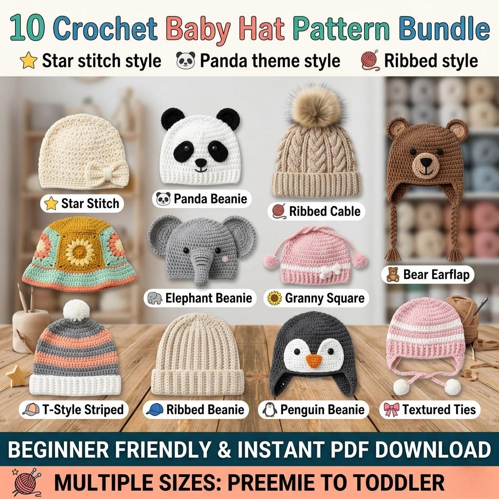 39 Baby Hat Crochet Patterns for Sweet Handmade Gifts and Everyday Warmth 37 10 Crochet Baby Hat Patterns Bundle